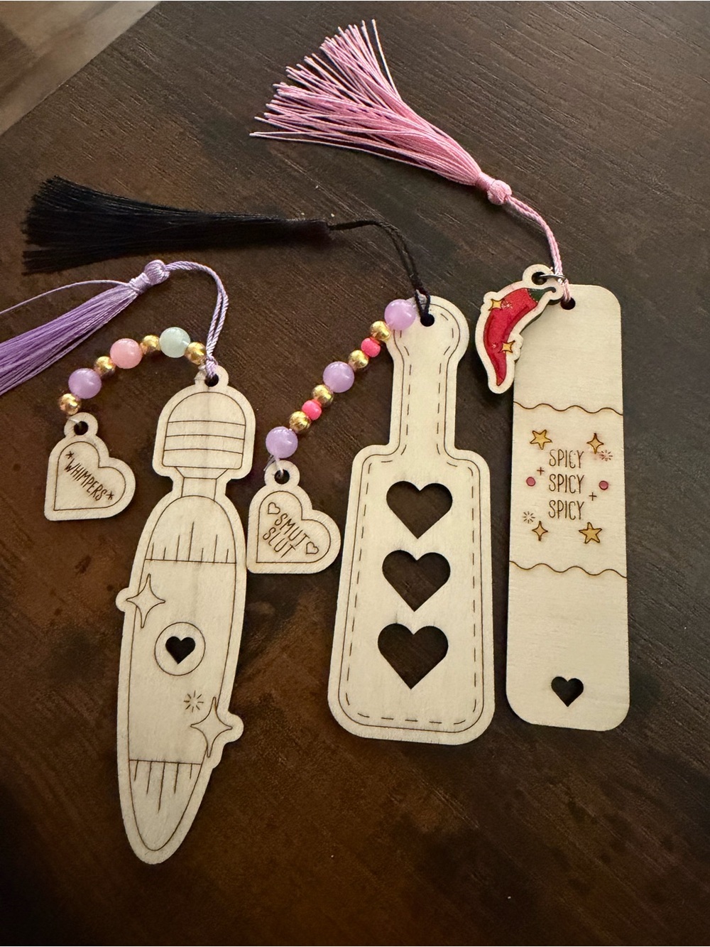Wooden Heart Cutout Tassel Bookmarks - Pink, Purple, Black